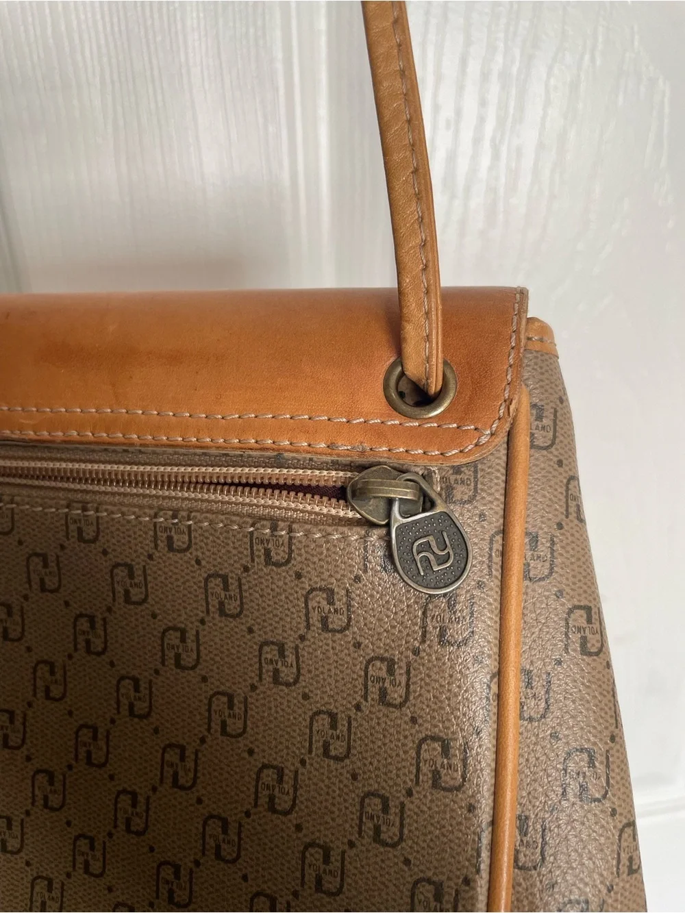 Vintage Yoland Brown/Tan Monogram Crossbody Shoulder Bag 8x2x6 inches